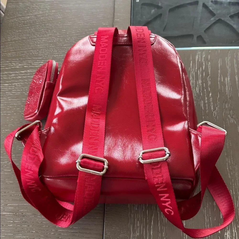 Madden NYC Red Patent Faux Leather Backpack Travel Everyday Wear Bag Casual EUC